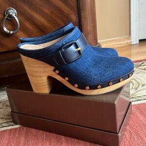 Veronica Beard denim buckled strap clogs.